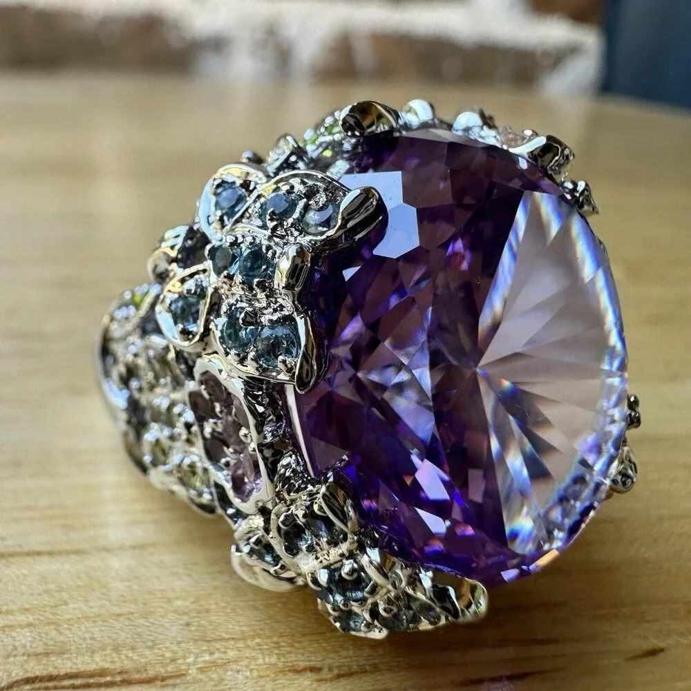 Statement Ring Size 9.75‎ Purple Blue Tanzanite Cluster Gems 925 Sterling 28.3g